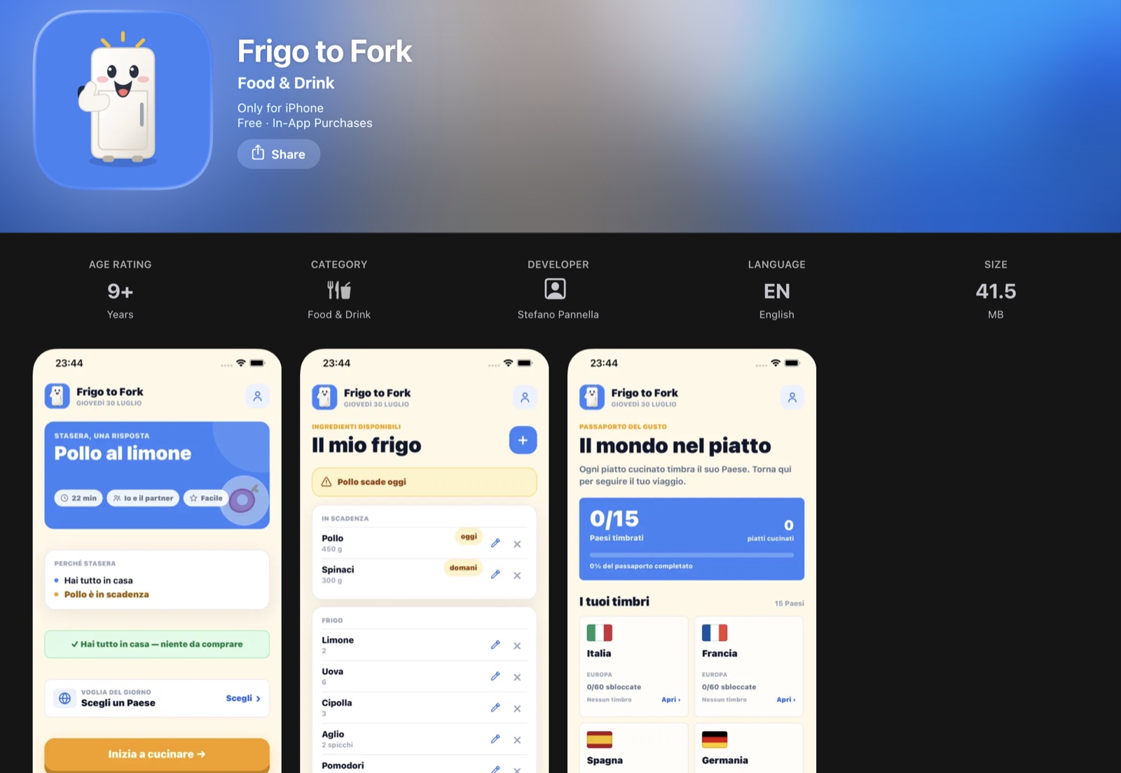 Pagina App Store di Frigo to Fork, app creata da Stefano Pannella