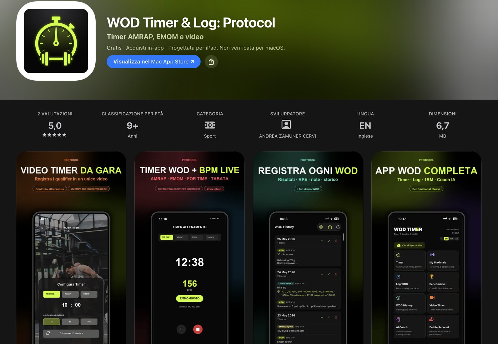 Pagina App Store di WOD Timer & Log: Protocol