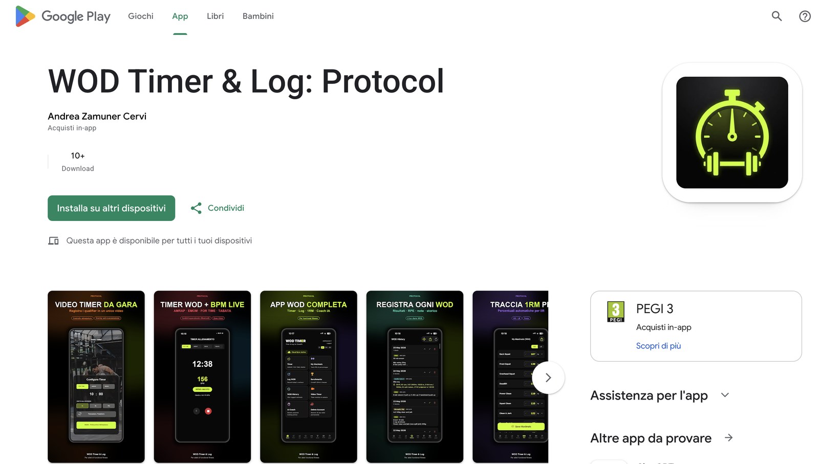 Pagina Google Play di WOD Timer & Log: Protocol