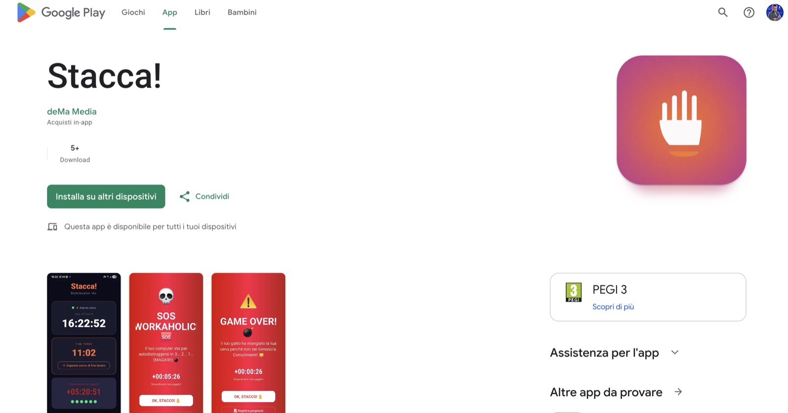 Pagina Google Play di Stacca!, app creata da Fabrizio