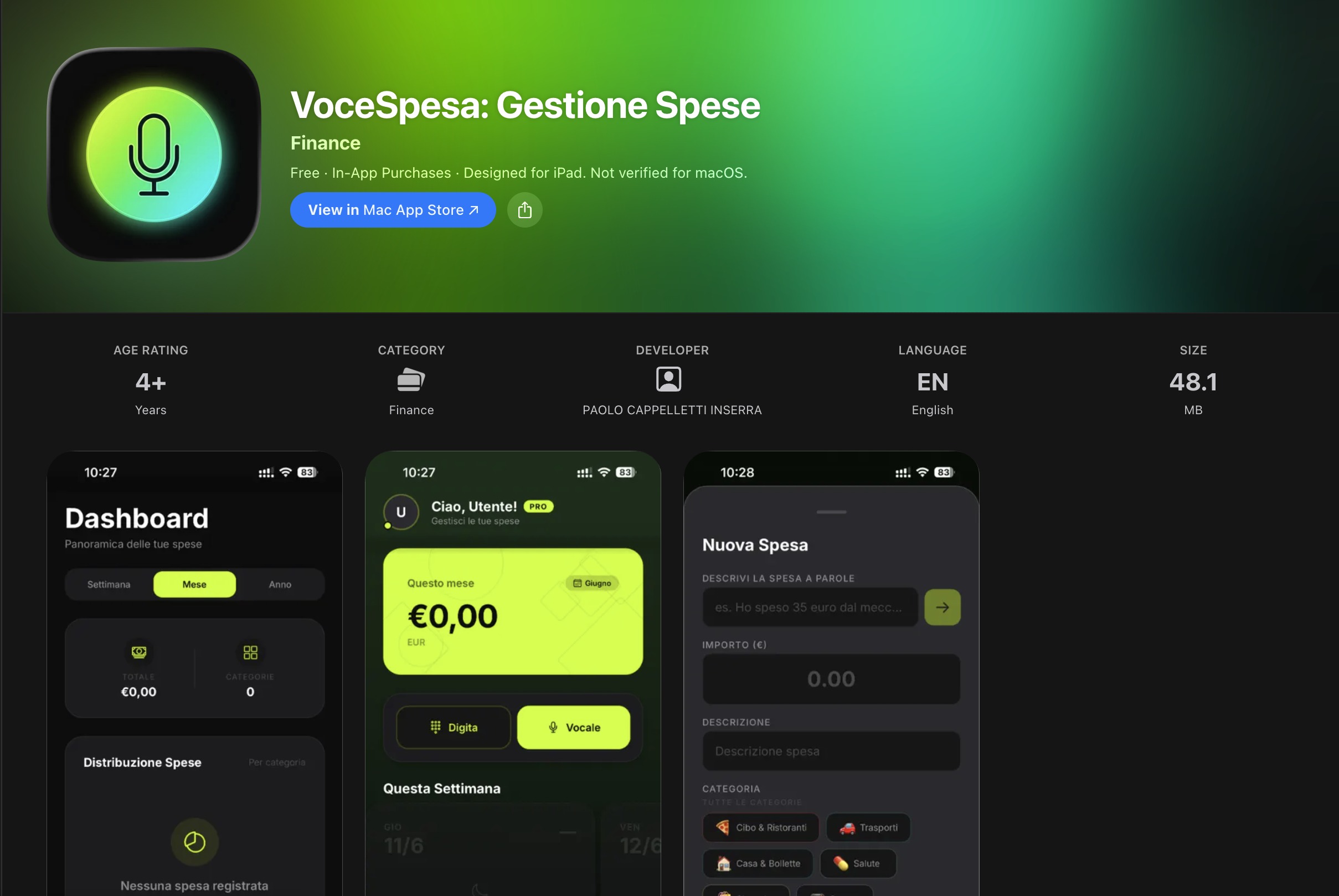 Pagina App Store di VoceSpesa, app creata da Paolo Cappelletti Inserra