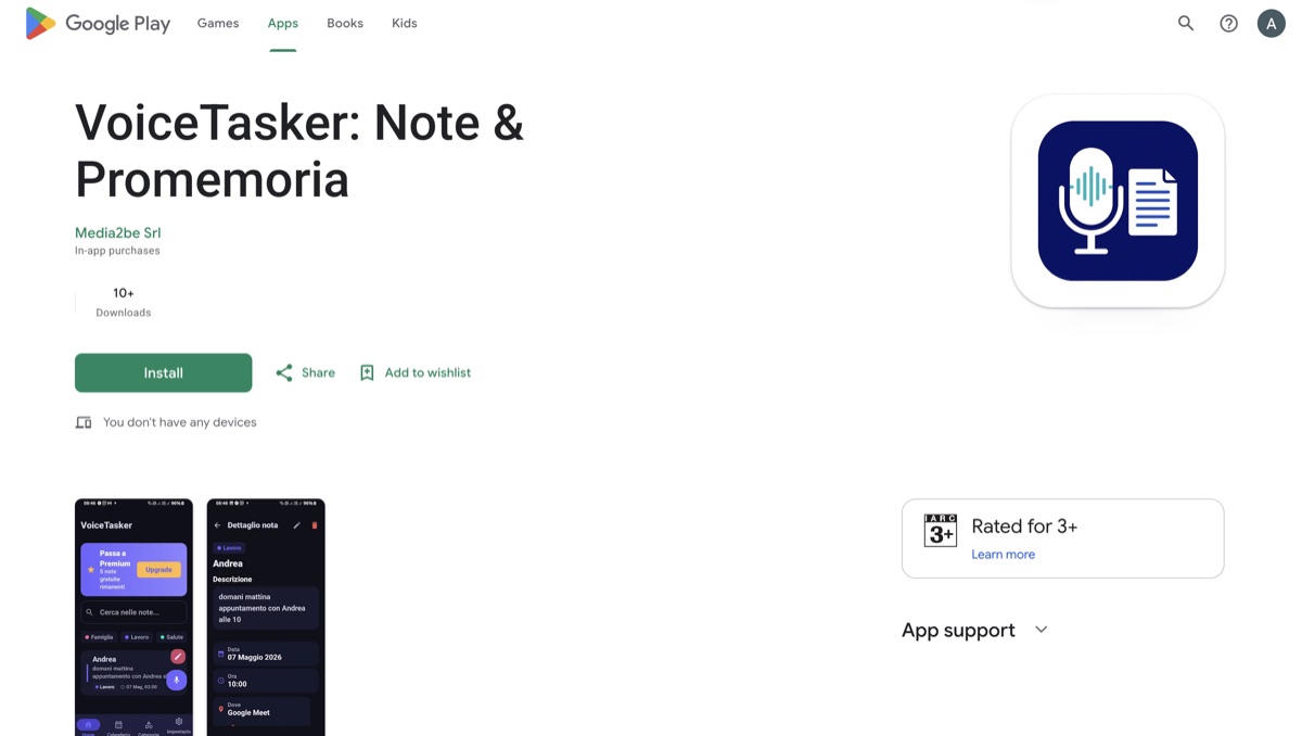 Pagina Google Play di VoiceTasker: Note & Promemoria, app pubblicata da Media2be Srl